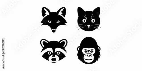 Minimalist animal head vector icon set displaying a fox, cat, raccoon, and gorilla face in flat monochrome black silhouettes isolated on white for wildlife graphic design, branding, logo, or web asset