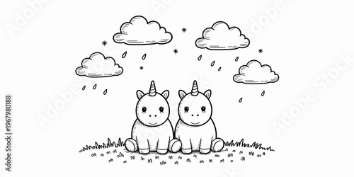 Two cute unicorns sitting together in a lush meadow under rainy clouds with sparkling stars, a whimsical hand-drawn black and white doodle illustration perfect for children textile prints or greeting 