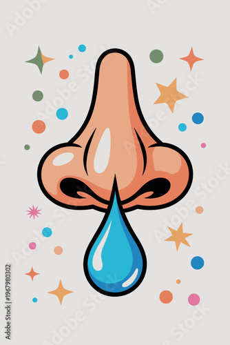 Cartoon nose with a runny blue drip isolated on a light gray background featuring whimsical stars and colorful polka dot accents for creative medical graphic design projects, health, illness, colds, f