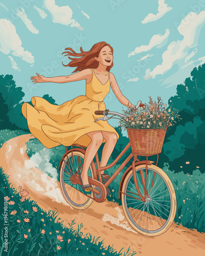 A happy young woman riding a bicycle on a scenic countryside dirt road while wearing a flowing yellow dress, capturing feelings of freedom, summer joy, carefree lifestyle, nature, and outdoor adventur