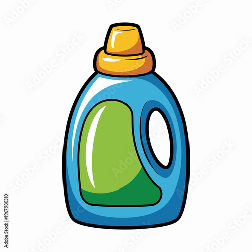 Cartoon styled blue liquid detergent bottle with a bright yellow cap and green cleaning solution inside, isolated on white background for laundry care, home maintenance, housework concepts and supplie