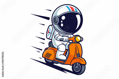 Cartoon astronaut riding an orange retro scooter fast with motion lines representing speed and adventure in a creative character illustration designed for gaming icons, space travel branding, and fun 