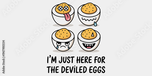 Funny deviled eggs cartoon illustration with various goofy emotional faces, creative food character design for party invitations, holiday catering menus, whimsical print on demand projects or kitchen 