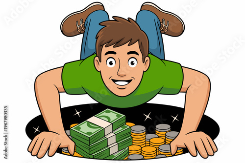Happy young man lying face down over a giant hole filled with stacks of cash and gold coins symbolising financial success wealth investment prosperity savings budget management growth economy gain pro