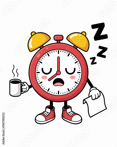Sleepy alarm clock character holding a hot coffee mug and paper feeling tired and sluggish in a cute cartoon style illustration for morning routine concepts business deadline stress or wake up time ar