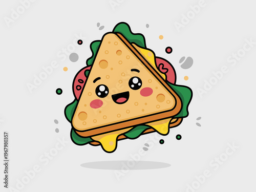 Cute cartoon sandwich character with a happy smiling face and blushing cheeks appearing as a friendly mascot illustration for healthy eating, fast food branding, children menu design, or creative art