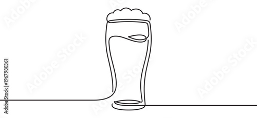 Single continuous line drawing of a tall beer glass with frothy foam, rendered in a minimalist artistic style