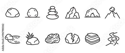 Collection of various simple black outline rock and stone icons, including stacked, cracked, and river stones, presented in a clean, minimalist style