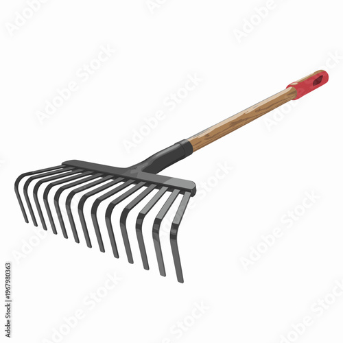 Sturdy garden rake with a durable wooden handle and sharp metal tines designed for efficient lawn maintenance, soil preparation, landscaping tasks, yard cleanup, agriculture, and horticultural hobby p