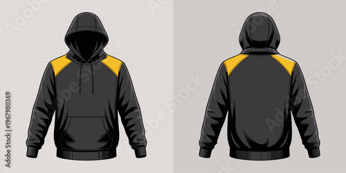 Black and yellow hoodie template showcasing a professional athletic apparel design for custom sportswear branding and fashion mockup projects in a clean minimalist studio style perfect for graphic des