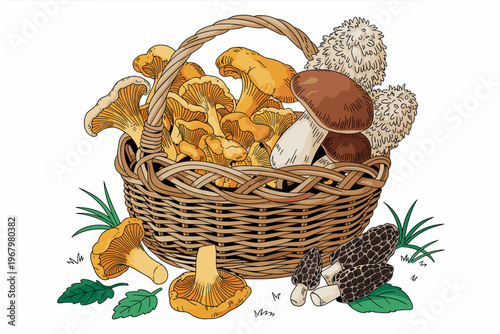 A rustic wicker basket handpicked with fresh forest mushrooms like golden chanterelles, porcini, and morels in a countryside scavenger hunt setting, perfect for culinary culinary design, organic farmi