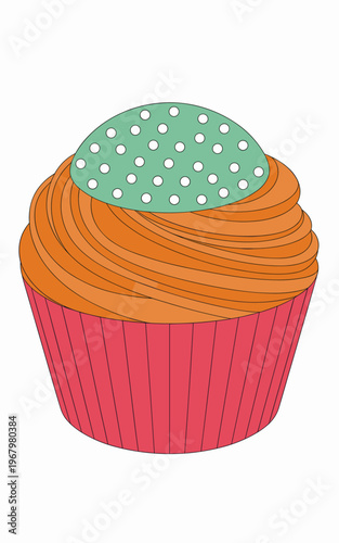 A vibrant digital vector illustration of a delicious cupcake featuring an orange swirl frosting and a polka dot green topper set against a clean white background for culinary celebrations and bakery t