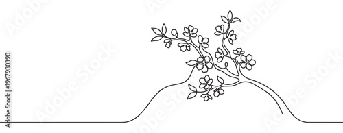 Delicate continuous line drawing of a blossoming branch with small flowers and leaves, rendered in a minimalist black outline style