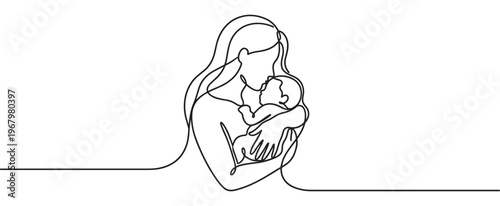 Beautiful continuous line drawing of a mother embracing her baby with love and tenderness, symbolizing maternal bond
