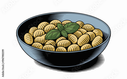 A delicious bowl of traditional Italian potato gnocchi pasta served in a deep ceramic dish with fresh fragrant basil leaves reflecting a classic rustic culinary style captured in a clean vector graphi