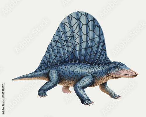 Anatomically detailed illustration of a prehistoric Dimetrodon fossil recreation featuring a large dorsal sail roaming a white background for educational paleozoology research and ancient wildlife pro