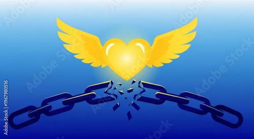 Breaking free heart with wings symbolizing freedom and liberation from emotional chains on blue background