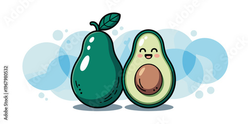 Cute cartoon avocado character couple illustration with one whole fruit and one half slice featuring happy smiling emoji faces set against a playful blue watercolor bubble background for healthy food 
