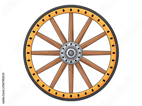 Old fashioned wooden wagon wheel with a steel rim and central hub isolated on white background, vintage farmhouse transportation gear, rustic timber cart accessory, classic industrial engineering desi