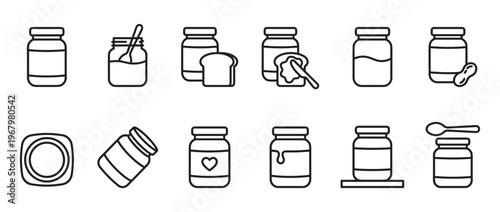 Collection of various outline icons depicting jars of jam, peanut butter, and other food spreads, presented in a clean, minimalist style