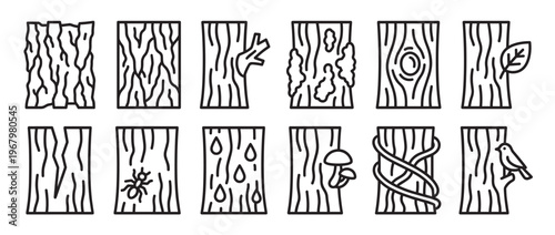 Collection of twelve diverse tree bark texture icons, showcasing various natural patterns and elements in a clean line art style