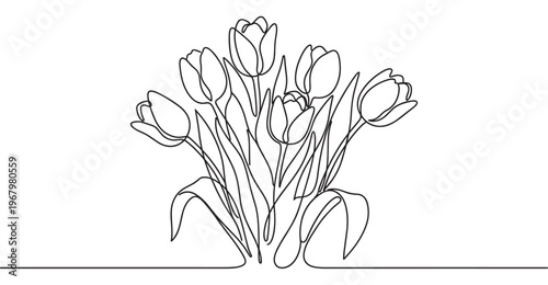 Beautiful continuous line drawing of a bouquet of tulips with elegant stems and leaves, rendered in a minimalist style