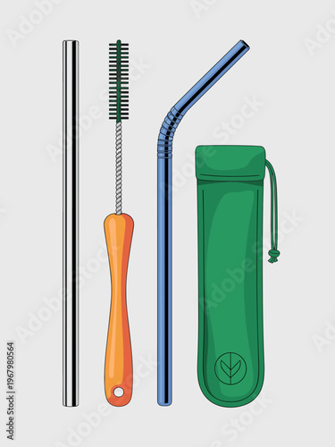 Reusable metal drinking straws with cleaning brush and green fabric travel pouch set for eco-friendly lifestyle choice reducing plastic waste in modern kitchens sustainable living zero waste daily con