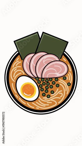 A vibrant ramen bowl illustration featuring delicious soft boiled egg, sliced tender pork, fresh scallion garnish and crispy nori seaweed sheets served in savory broth with curly noodles for menu desi
