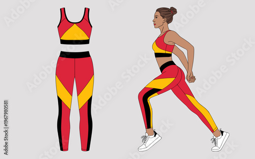 A woman exercising in a vibrant athletic sportswear set showing a stylish sports bra and matching leggings design template isolated on a studio background for fitness apparel branding or fashion retai
