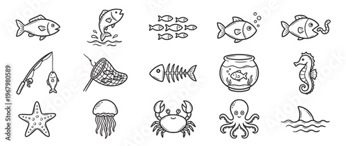 Collection of hand-drawn black and white doodle illustrations depicting various marine life and fishing activities
