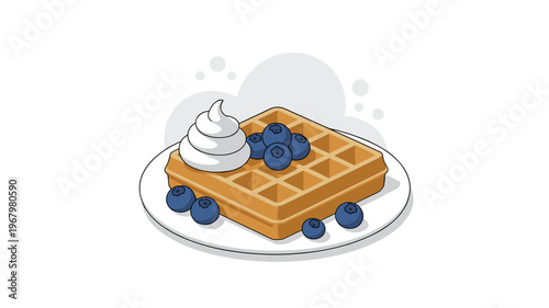 A delicious golden crispy waffle topped with a dollop of fresh fluffy whipped cream and scattered ripe blueberries served on a clean white ceramic plate for breakfast, healthy morning meal vector illu