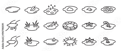 Collection of simple line art icons depicting various puddles with different elements and conditions, presented in a clean, graphic style