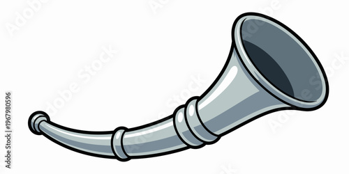 Shiny vintage silver hunting horn musical trumpet instrument illustrated in a clean hand drawn vector style representing medieval heraldry audio signaling communication tools for royal ceremonial perf