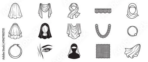 Collection of various fashion accessories and fabric elements, including veils, scarves, jewelry, and lace, presented as black outline illustrations