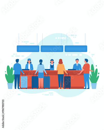 People waiting in line at airport check-in counter desk for flight boarding, group of diverse passengers with luggage travel bags, professional airline staff employees working, corporate tourism conce