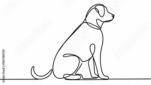 Minimalist continuous single line drawing of a loyal seated dog isolated on a clean white background representing companionship and pet care services in a modern artistic linear minimalist graphic art