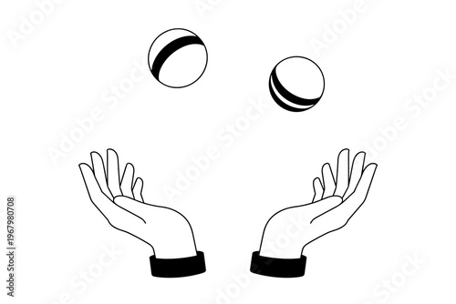 Minimalist outline illustration of a professional circus performer juggling two striped balls with open hands, representing creativity, balance, skill mastery, multitasking, performance arts, and fun 