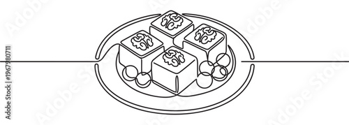 Four delicious square desserts with walnuts on top are presented on a round plate in a continuous line art style