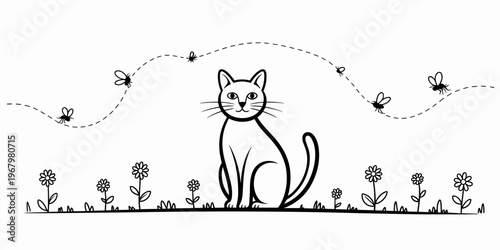 Minimalist black and white line art illustration featuring a cute seated cat surrounded by simple garden flowers and flying insects with dashed flight paths, creating a whimsical nature scene for desi