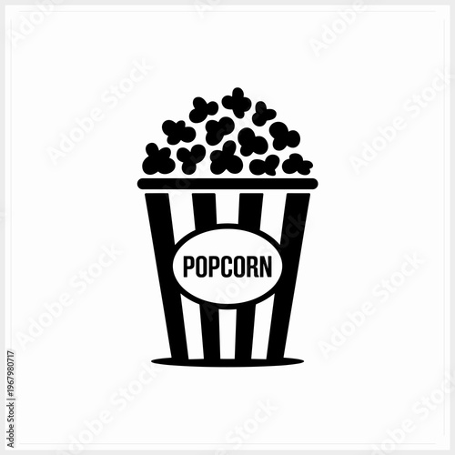 A classic iconized box of buttery cinema popcorn featuring a retro striped container design, representing snack time entertainment at movie theaters, festivals, and fun social gatherings in simple fla
