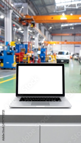 A laptop with a blank screen sits on a white desk in front of a blurred factory interior. The scene's background depicts equipment and machinery