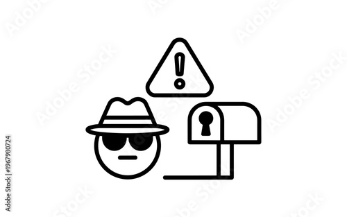A suspicious mystery person wearing a hat and sunglasses stands next to a locked residential mailbox with a warning sign above, representing digital security threats, phishing scams, and identity thef