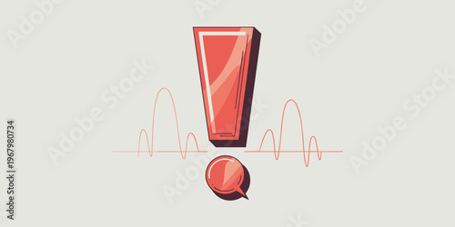A vibrant red exclamation mark symbol integrated with a stylized electrocardiogram heartbeat pulse line signifies urgent medical warning signs, chronic health monitoring risks, cardiac monitoring aler