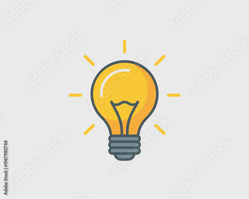 Minimalist yellow light bulb icon symbol of bright creative invention and smart innovation isolated on a flat neutral grey background representing electric energy inspiration solution discovery knowle