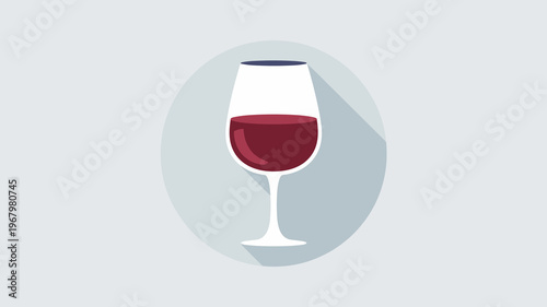 Minimalist red wine glass flat vector icon featuring a bold burgundy liquid pour in a elegant goblet shape against a soft grey circular background for modern dining menus and sophisticated beverage br
