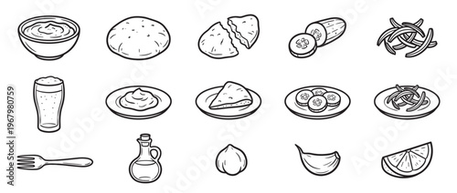 Various hand-drawn food and drink items including pita bread, cucumber slices, sauce, and a beer glass, presented in a clean, black and white outline style