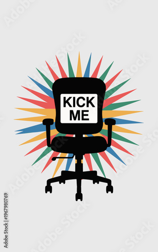 A black office chair featuring a prominent kick me sign attached to the backrest centered against a vibrant colorful burst sunburst graphic background representing workplace humor bullying victim bull