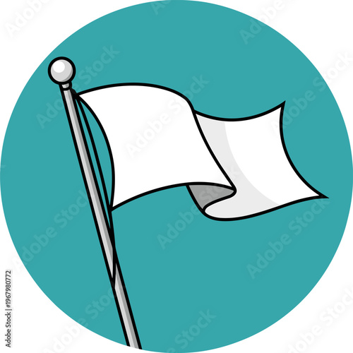A white flag of surrender waving on a metal pole against a clean teal circular background symbolizes peace negotiation defeat truce truce diplomacy conflict resolution yielding and stop action concept