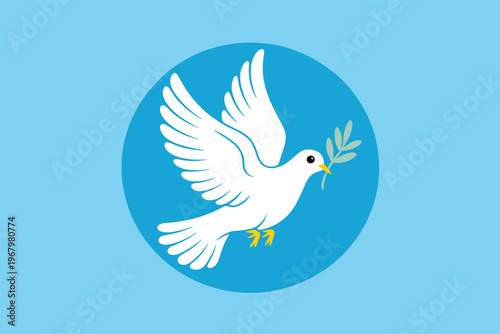 A white dove of peace flying with an olive branch held in its beak inside a blue circular icon on a light background, symbolizing hope, harmony, freedom, unity, religion, spirituality and global kindn