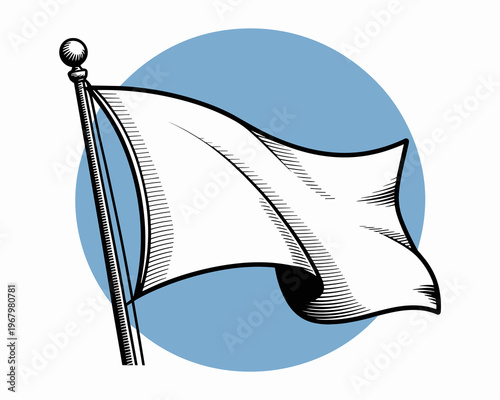 A vintage style white flag waving on a sturdy pole against soft blue circular background representing peace surrender truce diplomacy victory negotiation concept clean symbol isolated on white graphic